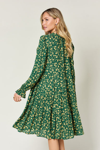 DOUBLE TAKE Full Size Printed Ruffle Hem Long Sleeve Dress