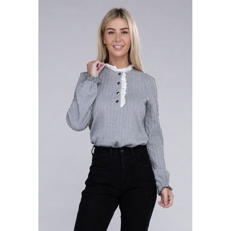 NUVI APPAREL Lace Ruffle Trim Neck Knit Blouse