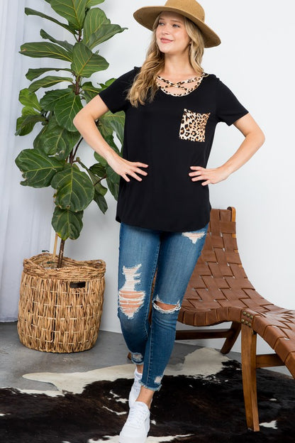 E LUNA Solid Color & Animal Print Decor Basic Top