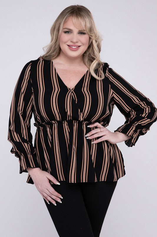 NUVI APPAREL Plus-size Striped Top with Ruffled Hem