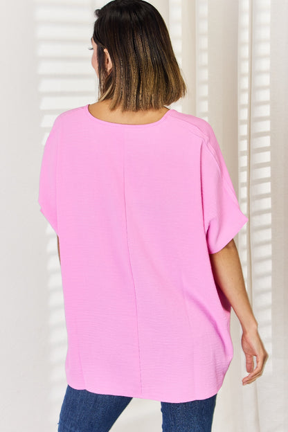 ZENANA Candy Pink Textured Casual Short Sleeve Top