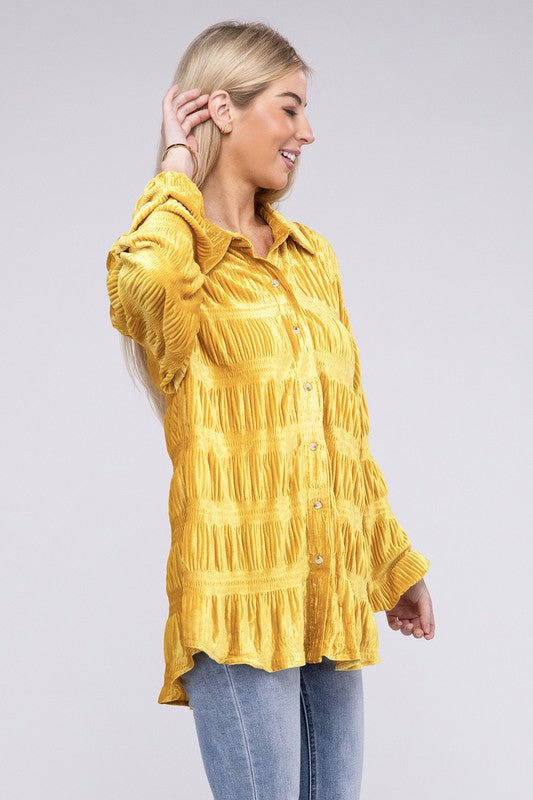 BiBi Wrinkle Effect Tiered Shirring Velvet Shirt