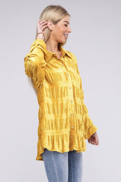 BiBi Wrinkle Effect Tiered Shirring Velvet Shirt