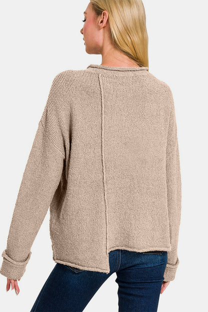 ZENANA Women's Asymmetric Hem Drop Shoulder Sweater in Ash Mocha