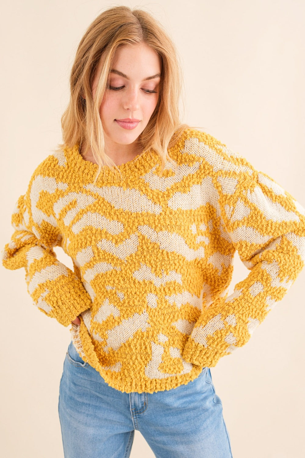 AND THE WHY Full Size Mustard Textured Pattern Contrast Sweater