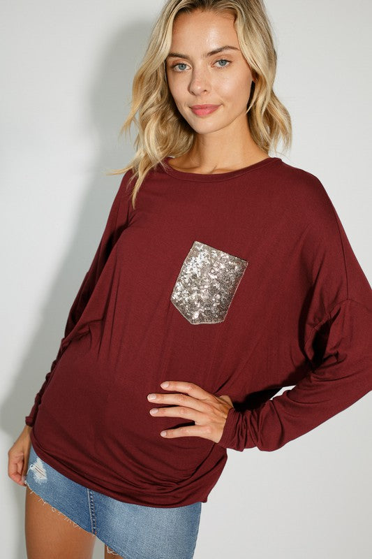 E LUNA Dolman Long Sleeves Top with Sequined Pocket