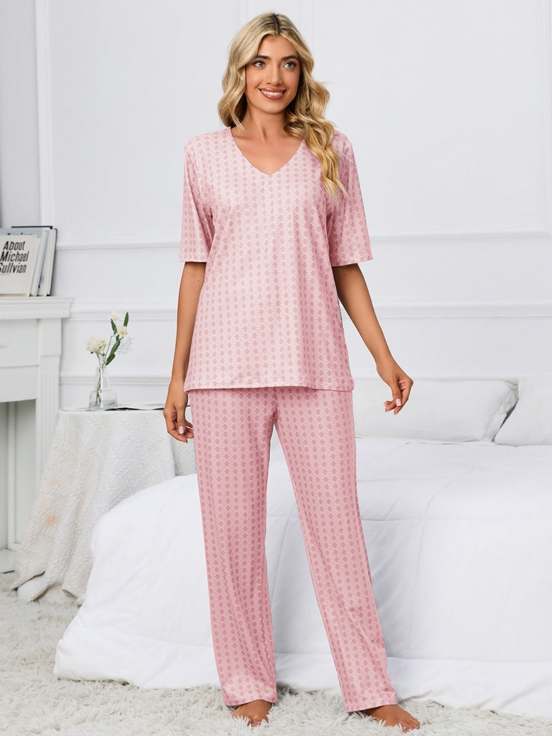 X.Y.M. Printed V-Neck Top and Pants Pajamas Set