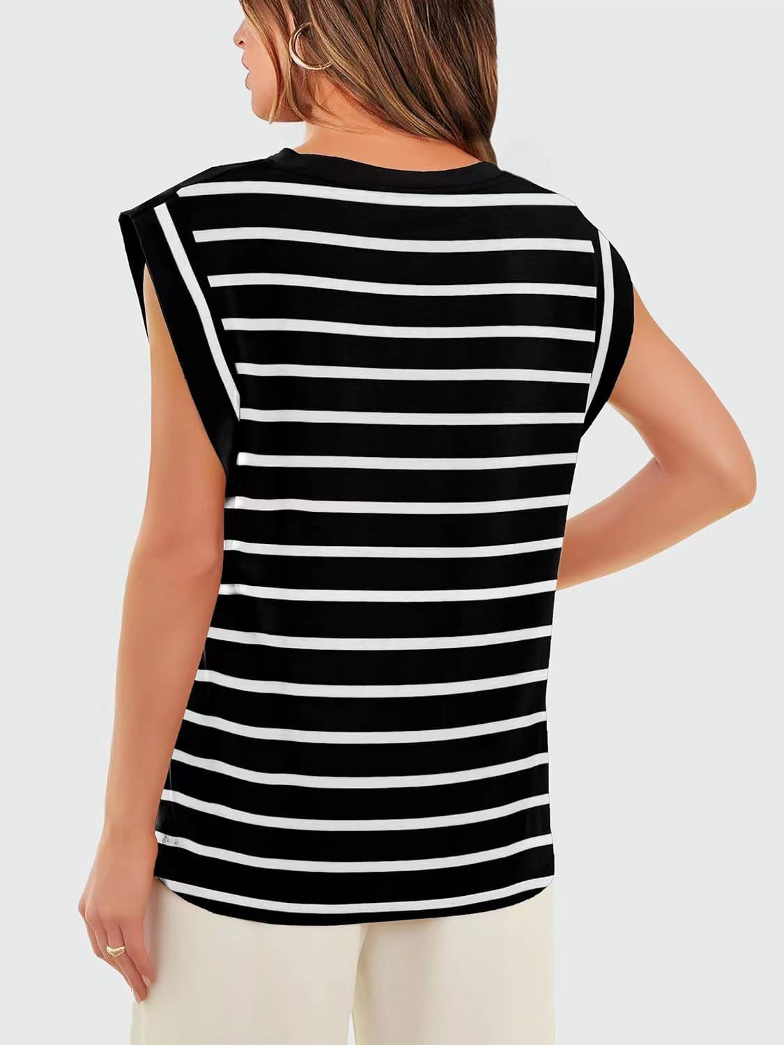 Striped Round Neck Cap Sleeve Sweater Top