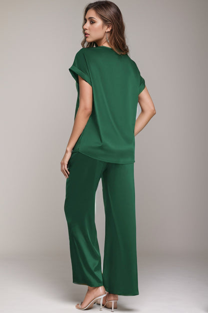 Green Satin V-Neck Short Sleeve Top and Pants Set