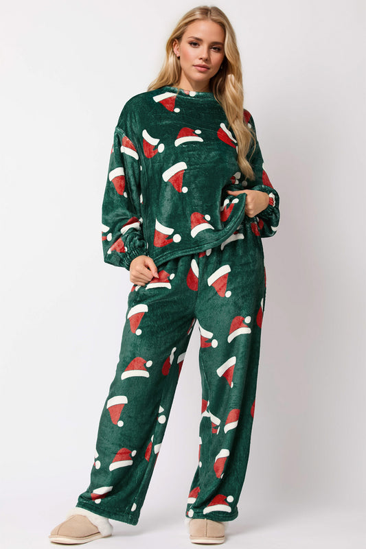 2 Piece Dark Green Lounge Set with Christmas Hat Pattern