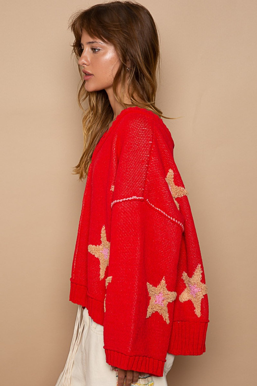 POL Apple Red Long Sleeve Star Patch Sweater