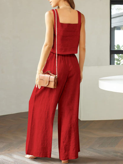 Stylish 2 Piece Square Neck Top and Wide Leg Pants Set