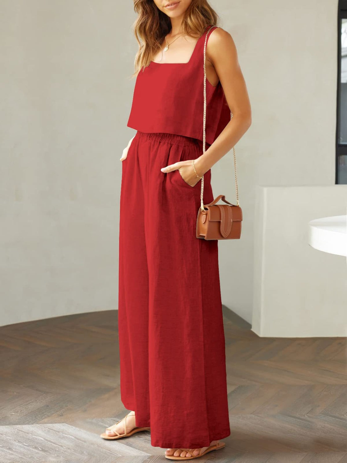 Stylish 2 Piece Square Neck Top and Wide Leg Pants Set