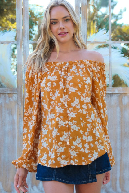 HAILEY & Co. Floral Off-Shoulder Fall transitional Balloon Sleeve Blouse in Color Mustard