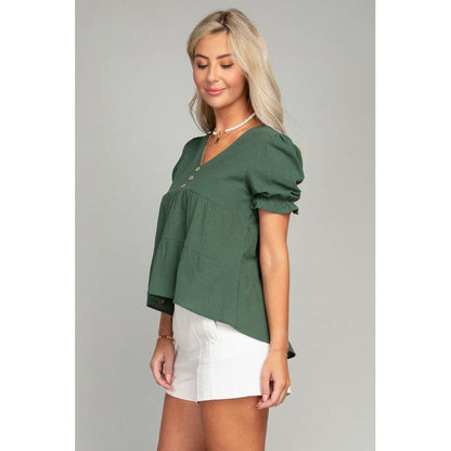 NUVI APPAREL Dark Green Button Front Puff Sleeve Blouse