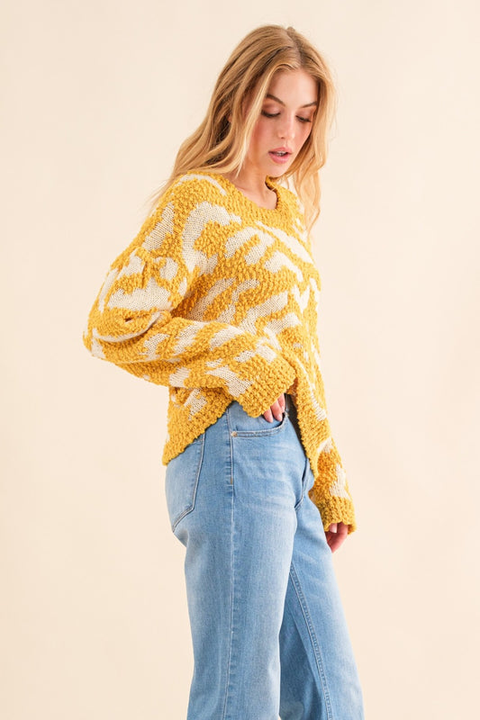 AND THE WHY Full Size Mustard Textured Pattern Contrast Sweater