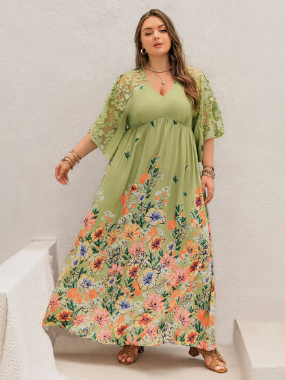 H.R.Z. Plus Size Lace Detail Floral Half Sleeve Maxi Dress