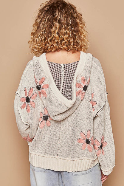 POL Pale Almond Floral Pattern Hooded High-Low Sweater