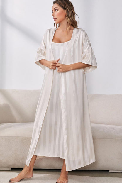 H2J Striped Flounce Sleeve Open Front Robe and Cami Pajama Dress Set