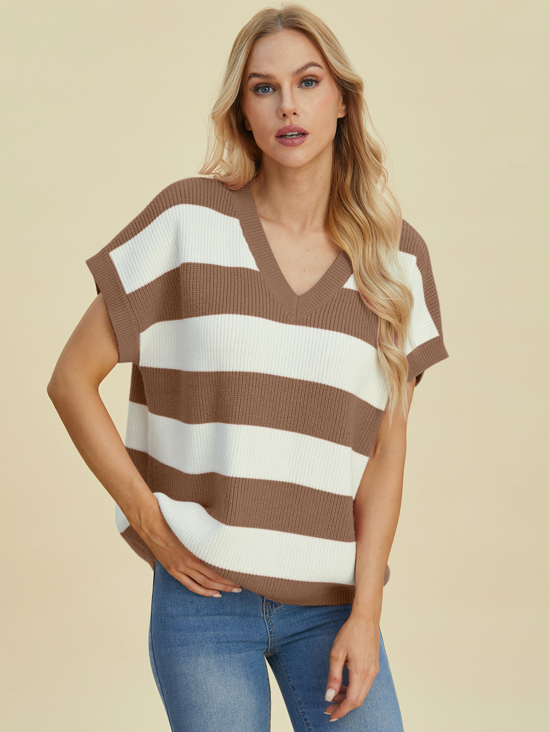 DOUBLE TAKE Full Size Striped V-Neck Short Sleeve Sweater