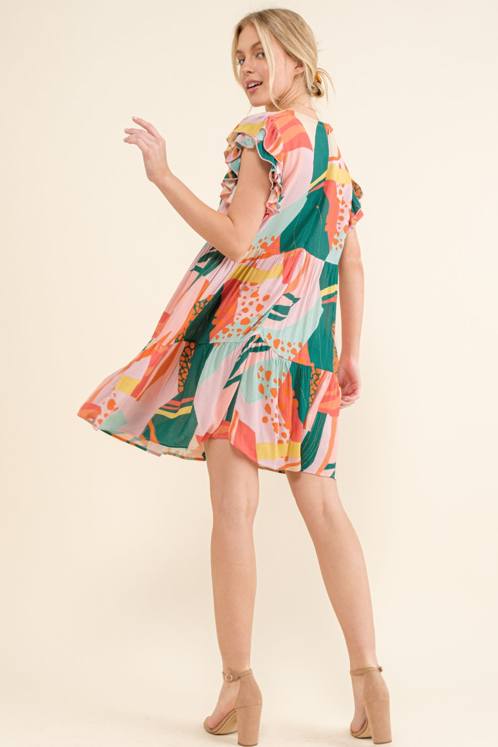 AND THE WHY Printed Double Ruffle Sleeve Dress