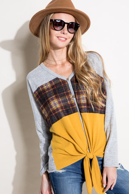 E LUNA Plaid Contrast Mixed Long Sleeves Top