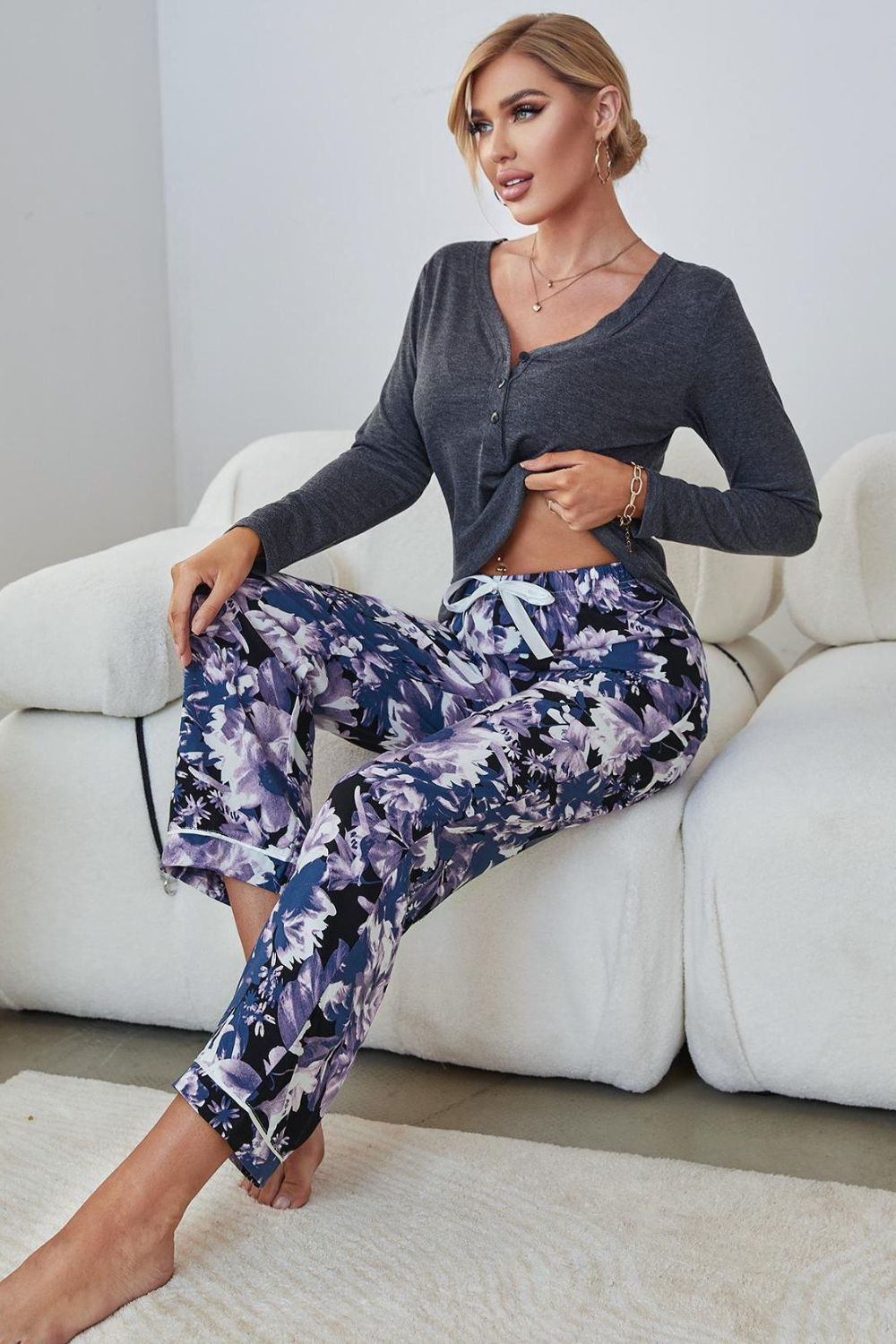 H2J V-Neck Henley Top and Floral Pants Lounge/Pajama Set