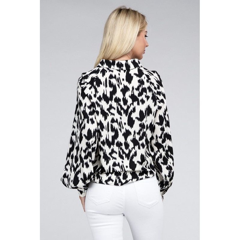 NUVI APPAREL White/Black Printed Buttoned-down Blouse