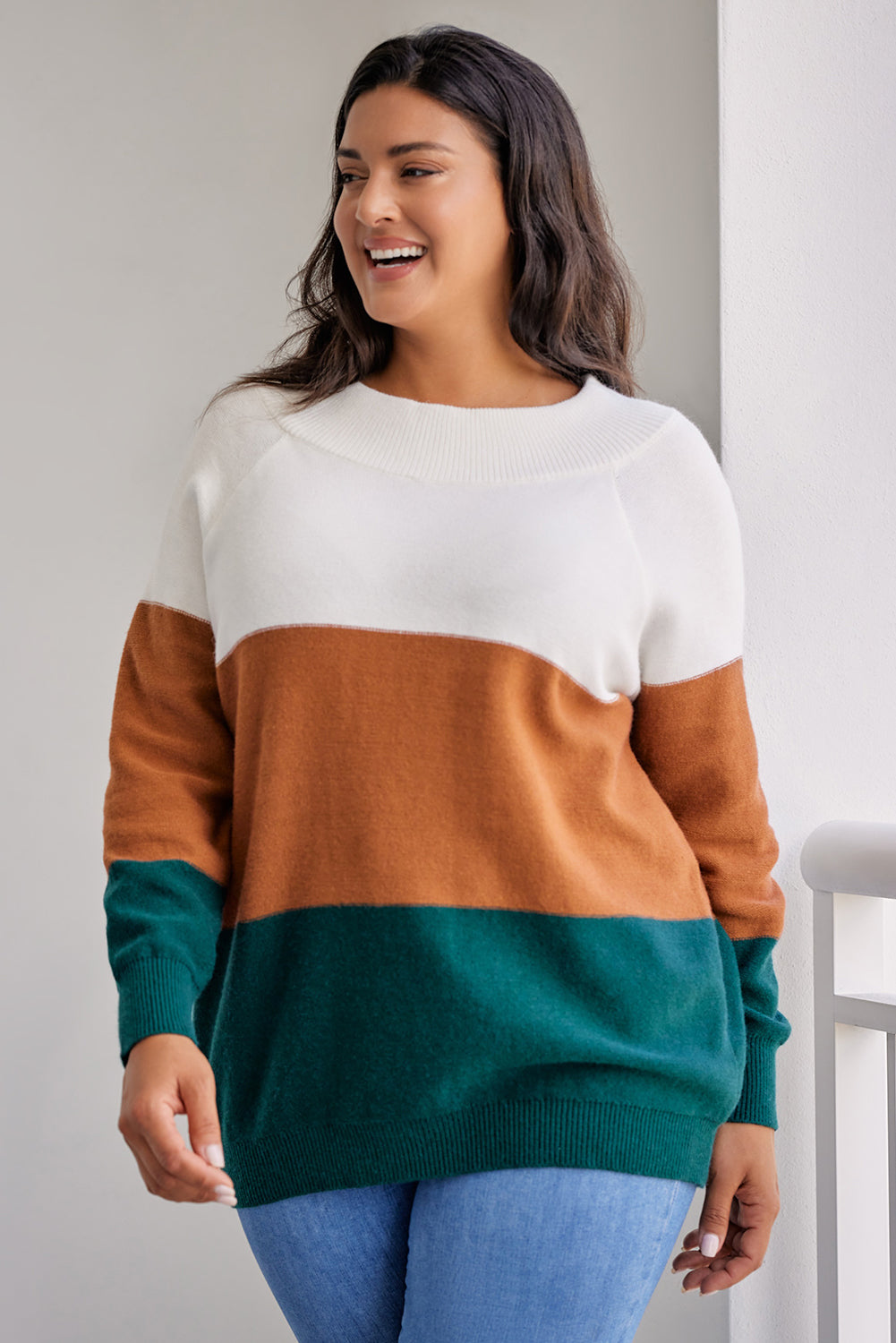 SYNZ Plus Size Color Block Long Sleeve Sweater