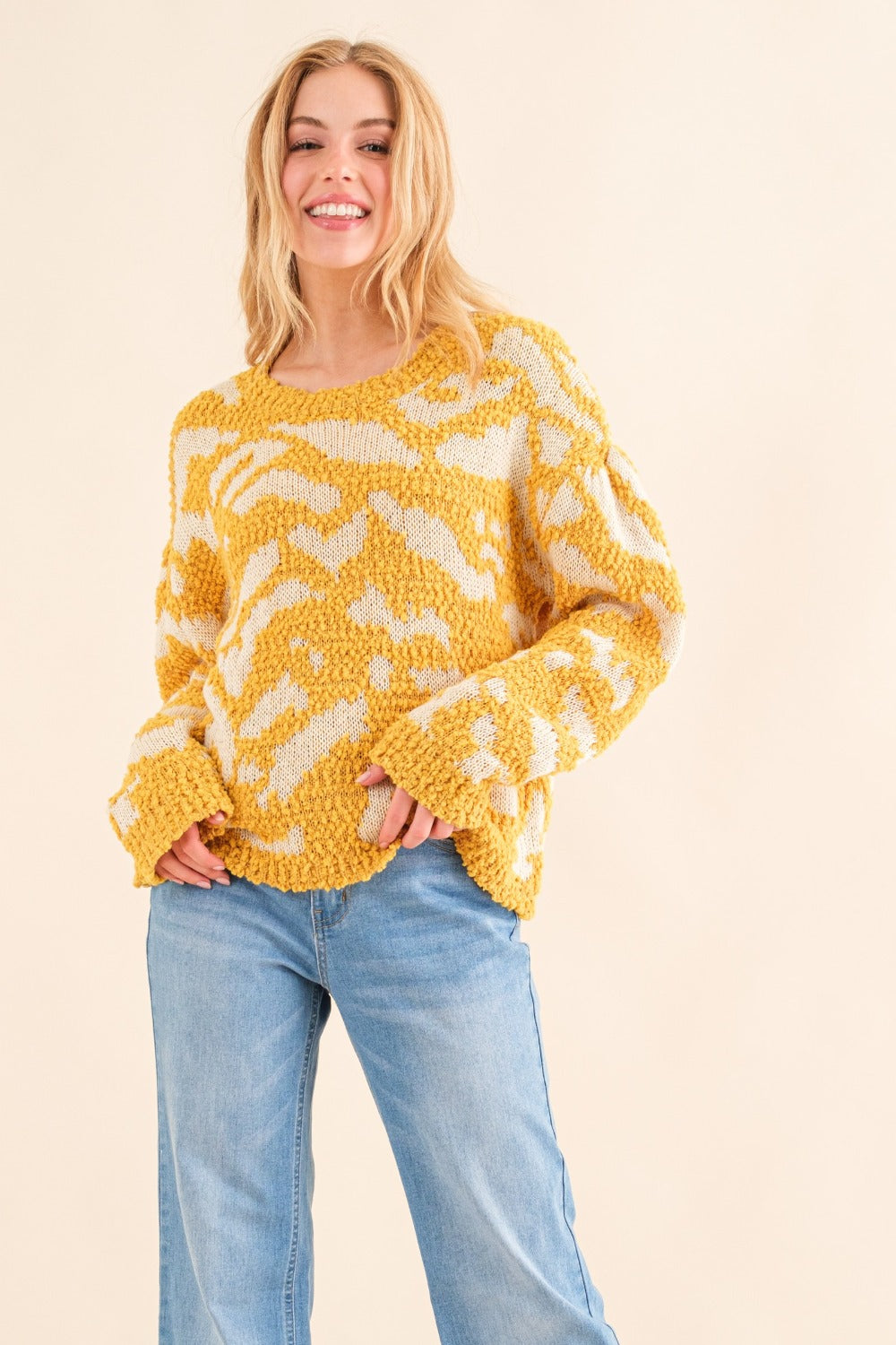 AND THE WHY Full Size Mustard Textured Pattern Contrast Sweater