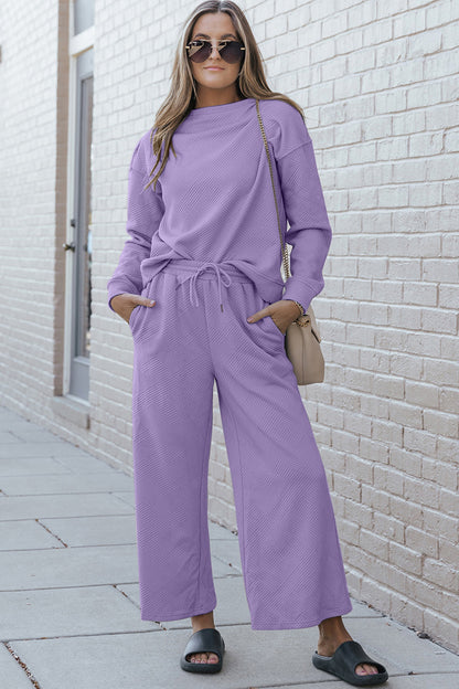 double take Full Size Textured Long Sleeve Top and Drawstring Pants Set