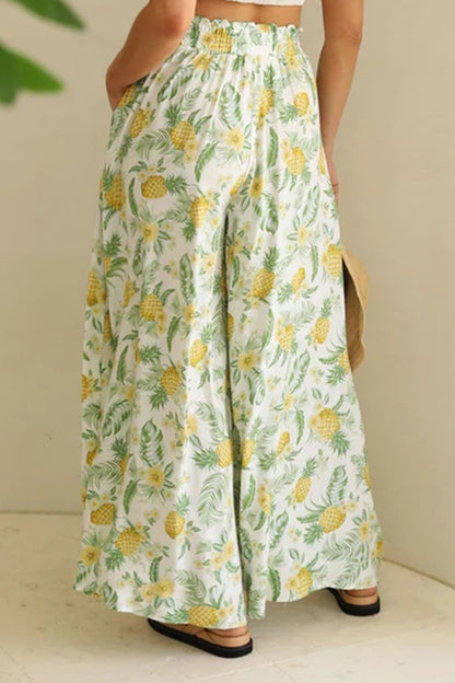 Pocketed Casual Printed Tied Wide Leg Pants