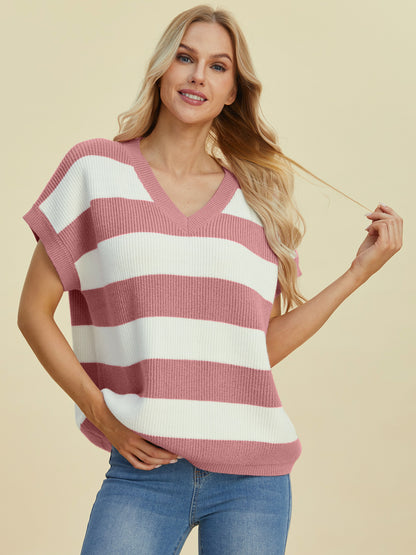 DOUBLE TAKE Full Size Striped V-Neck Short Sleeve Sweater