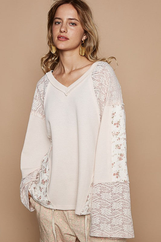 POL Women's Lace Floral Round Neck Boho Knit Top