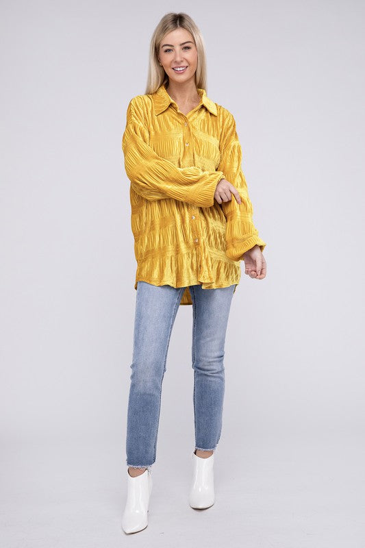 BiBi Wrinkle Effect Tiered Shirring Velvet Shirt