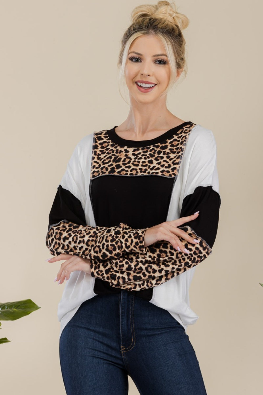 CELESTE Full Size Leopard Color Block Exposed Seam T-Shirt