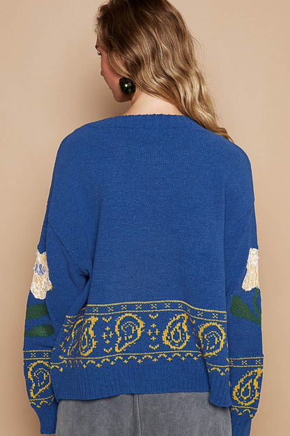 POL Blue Flower Lace Patch Long Sleeve Sweater