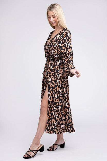 NUVI APPAREL Leopard print Wrap V Neck High Waist Midi Dress