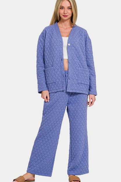 Zenana 2 Piece Women's Blue-Purple Quilted Button Up Long Sleeve Top and Pants Lounge Set