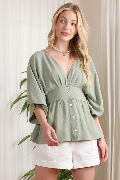 LILOU Deep V neck Sage Buttoned Top with Draped Sleeves