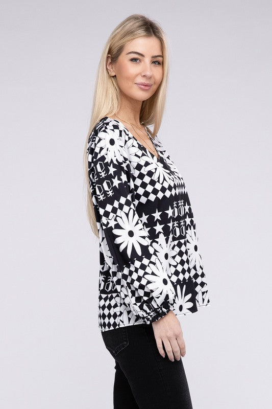 NUVI APPAREL Black/White Floral V Neck Lantern Sleeve Blouse