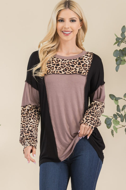 CELESTE Full Size Leopard Color Block Exposed Seam T-Shirt