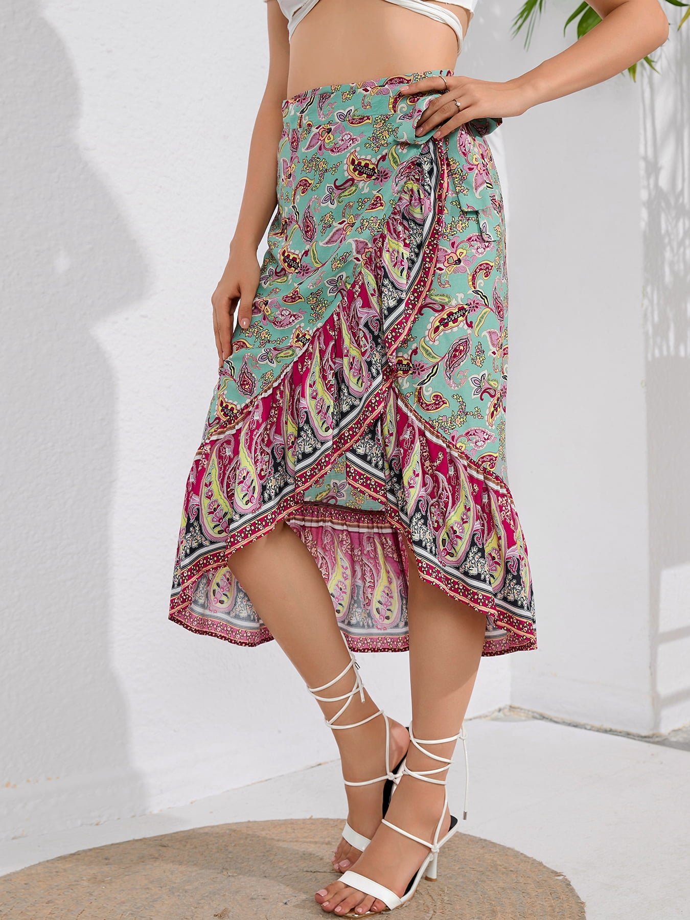 Tie Waistband Flounce Hem Boho Skirt