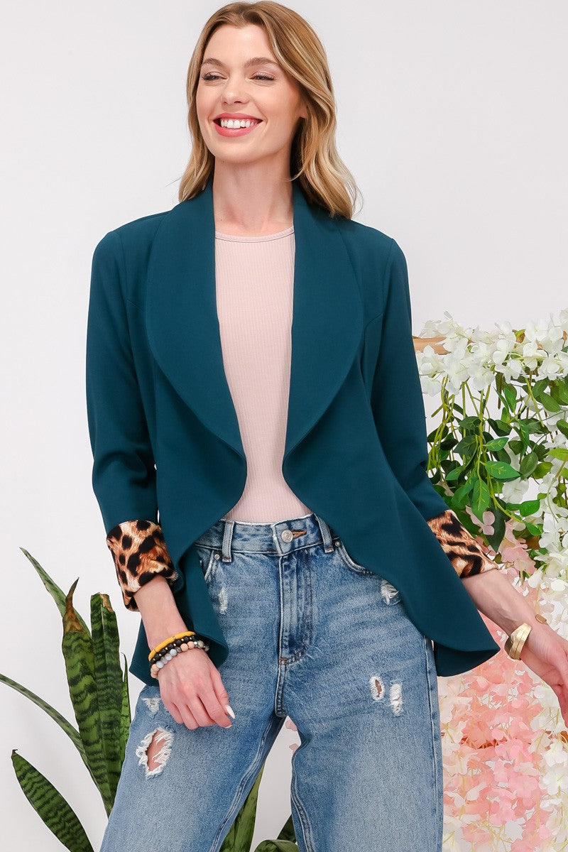 CELESTE Full Size Rolled Leopard Cuff Open Front Blazer In Hunter Green