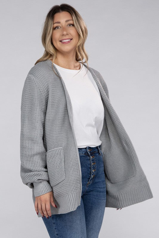 ZENANA Plus Low Gauge Waffle Open Cardigan Sweater