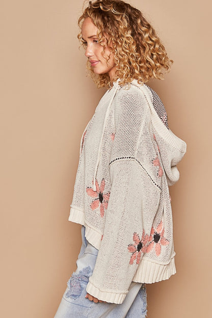 POL Pale Almond Floral Pattern Hooded High-Low Sweater