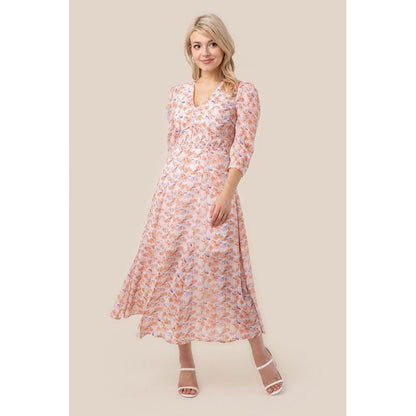 LILOU Floral Chiffon V-neckline Maxi Dress