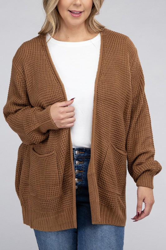 ZENANA Plus Low Gauge Waffle Open Cardigan Sweater