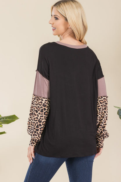 CELESTE Full Size Leopard Color Block Exposed Seam T-Shirt