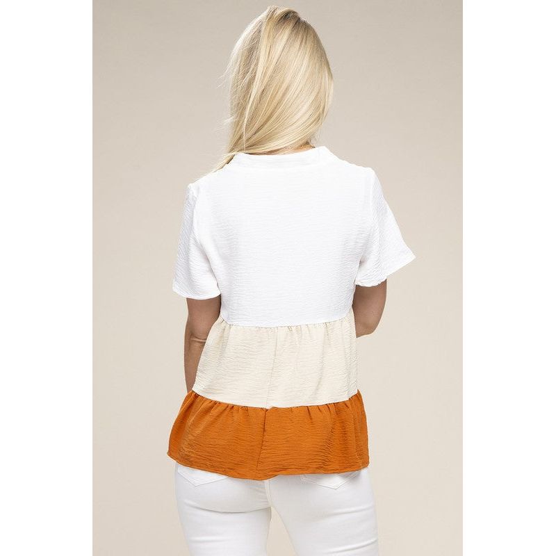 NUVI APPAREL Color Block Notched Neck Blouse